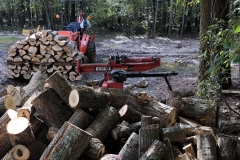 Splitting and stacking wood from a recent clearing project.